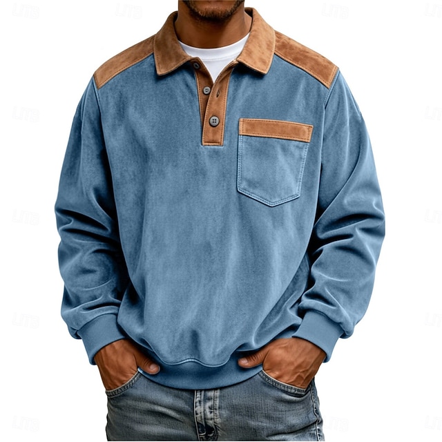 Men's Faux Suede Zip Polo Pullover Sweatshirt Vacation Street Zip Up Long Sleeve Fashion Basic Color  Block Patchwork Fall Spring Fall All Seasons Relaxed Fit Black Pink Army Green Navy Blue Blue