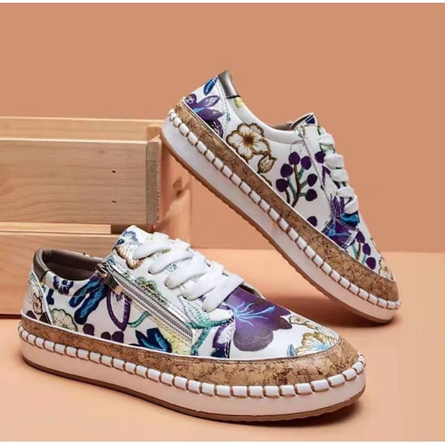 Women's Sneakers Plus Size Flat Heel Round Toe PU Leather Lace-up Black White Purple