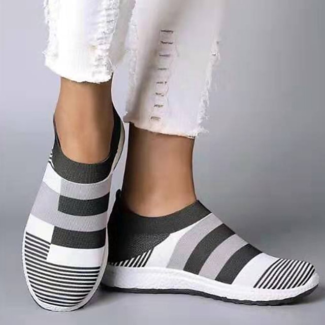 Women's Casual Slip-On Breathable Pink and Gray Striped Sneakers 