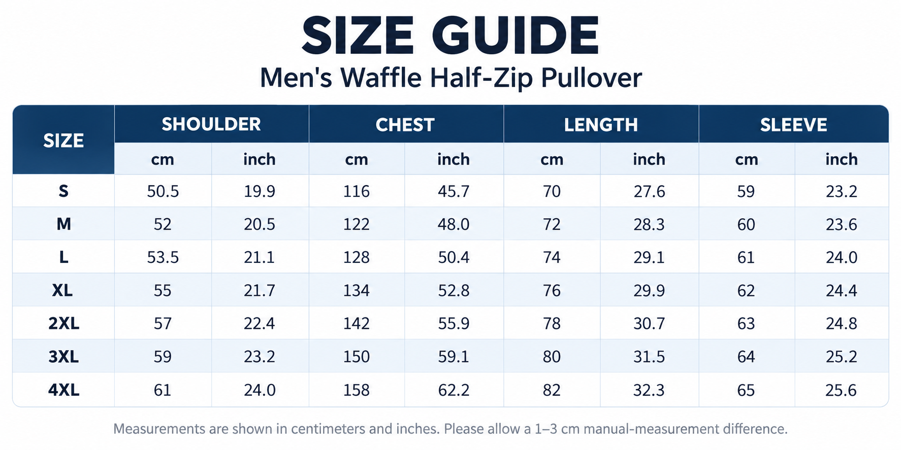 Men's waffle half-zip pullover size guide with shoulder, chest, length and sleeve measurements from S to 4XL