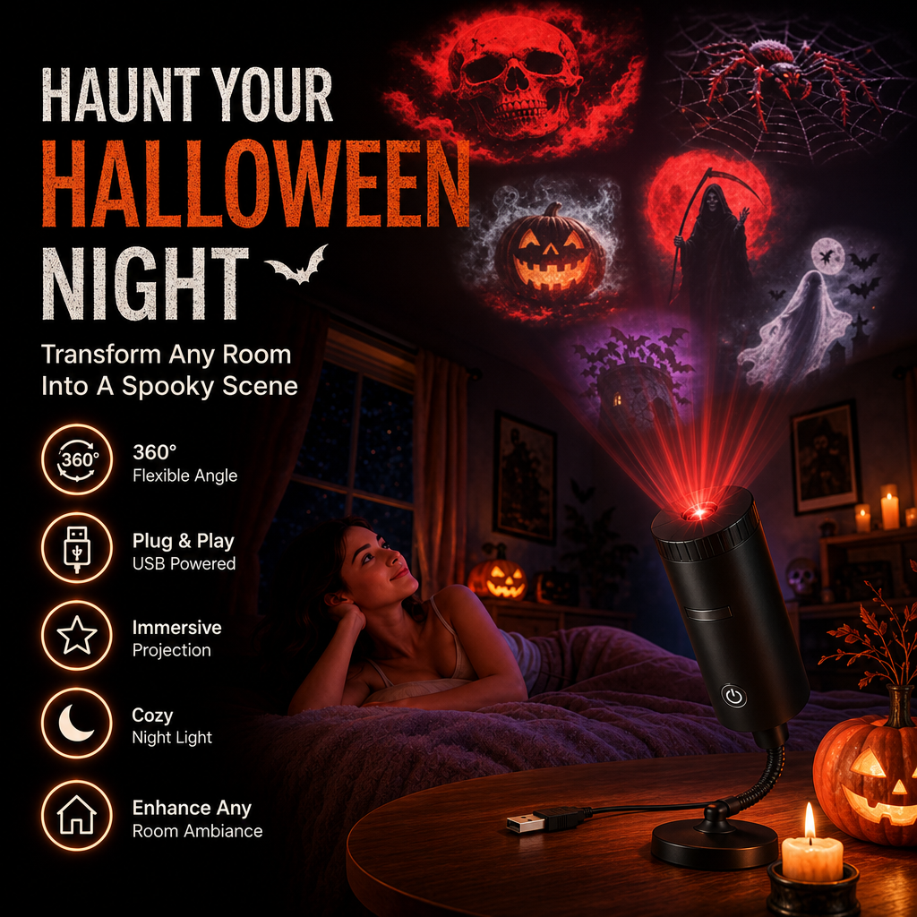 Halloween projector features and room scene