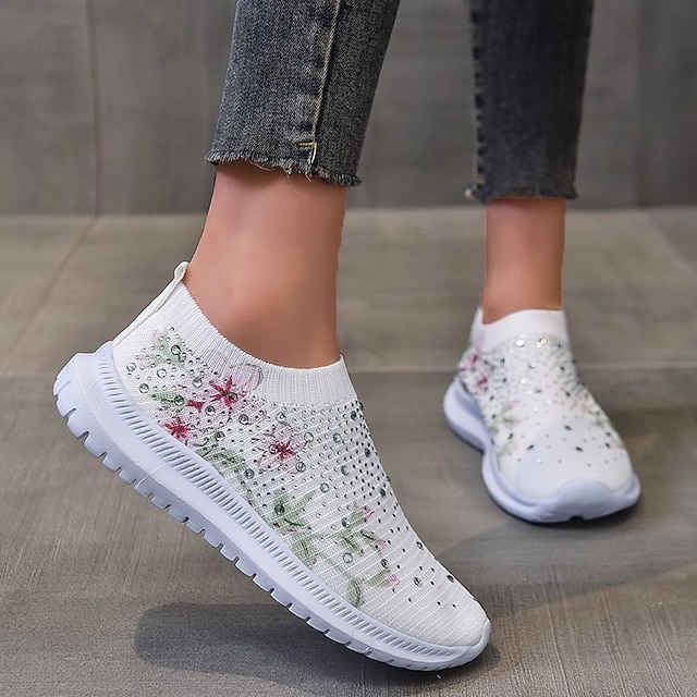 Women's White Slip-On Sneakers with Floral Print and Rhinestones for Casual Wear