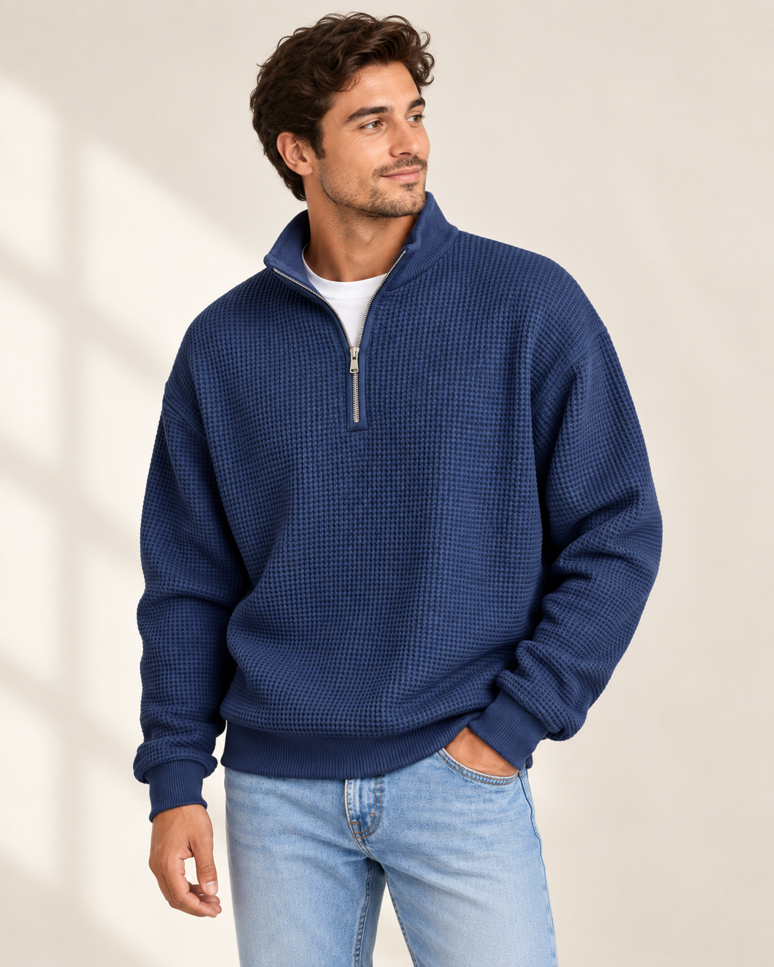 Slight-angle fit reference for the navy waffle half-zip pullover