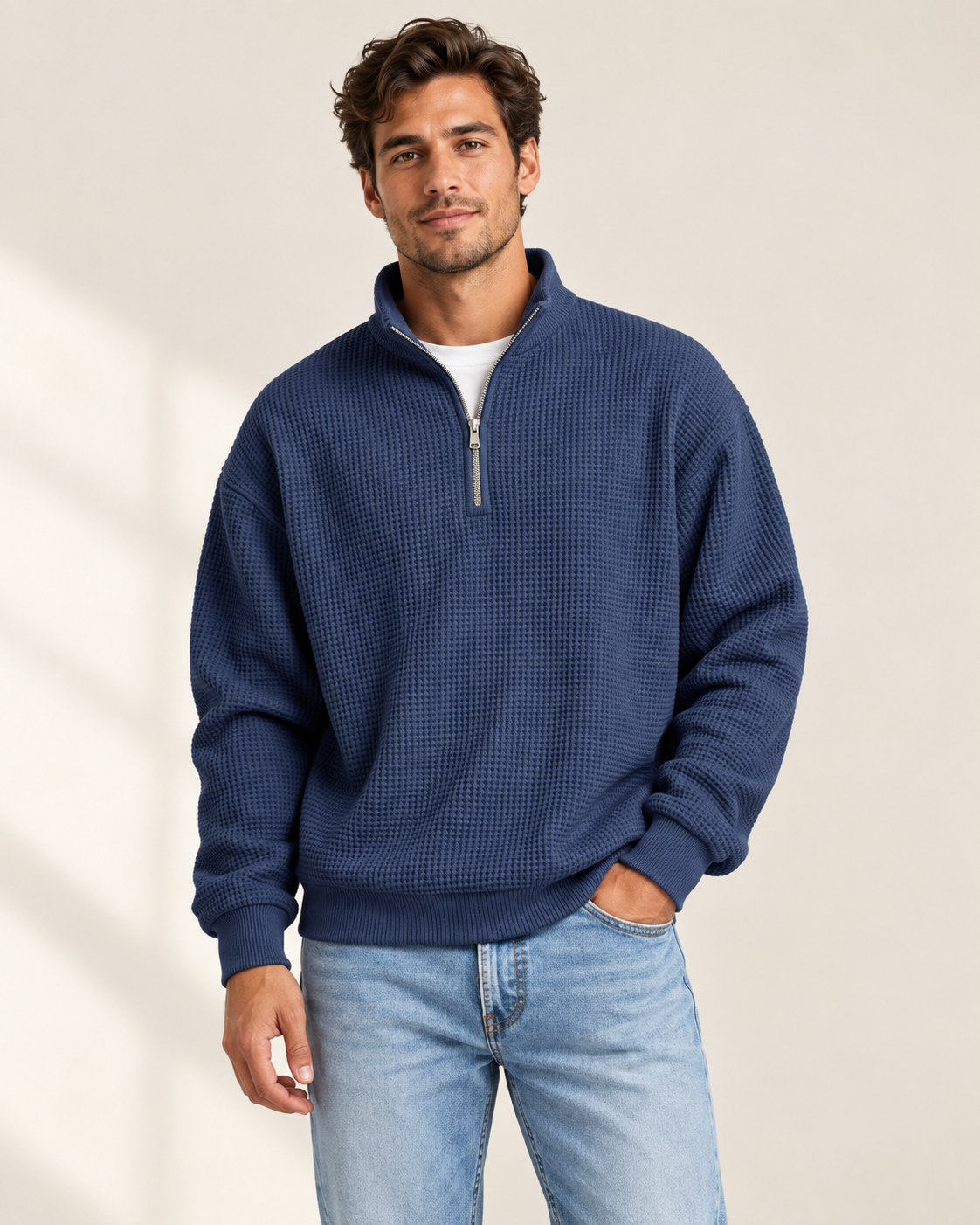 Navy waffle half-zip stand-collar pullover shown from the front