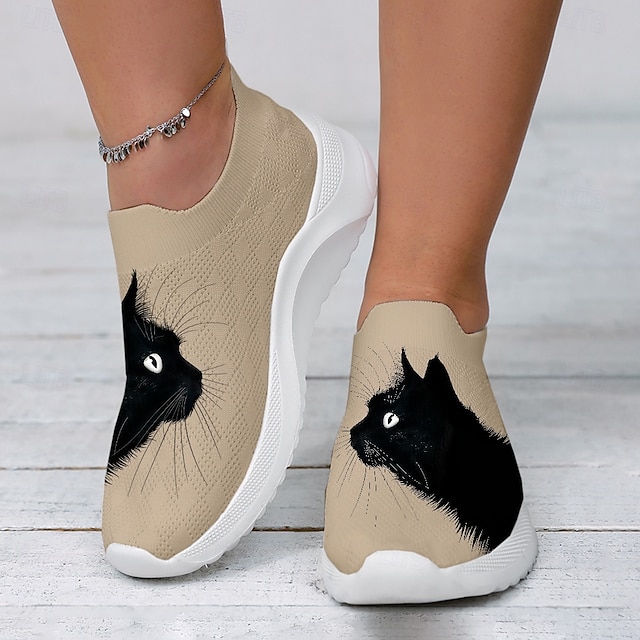 Women's White Slip-On Sneakers with Black Cat Print 
