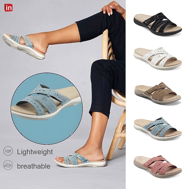 Women's White Slide Leather Sandals with Adjustable Strap 