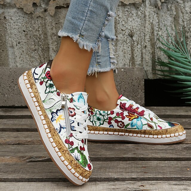 Women's Sneakers Plus Size Flat Heel Round Toe PU Leather Lace-up Black White Purple