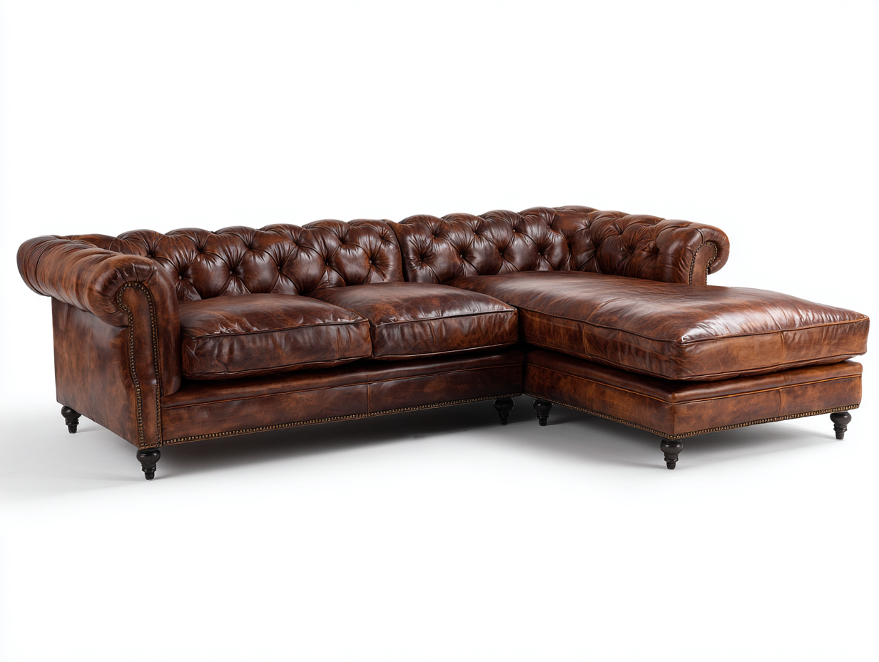 Divano angolare - pelle - 298x181x76 cm - marrone - stile Chesterfield raffinato-Zizovanest