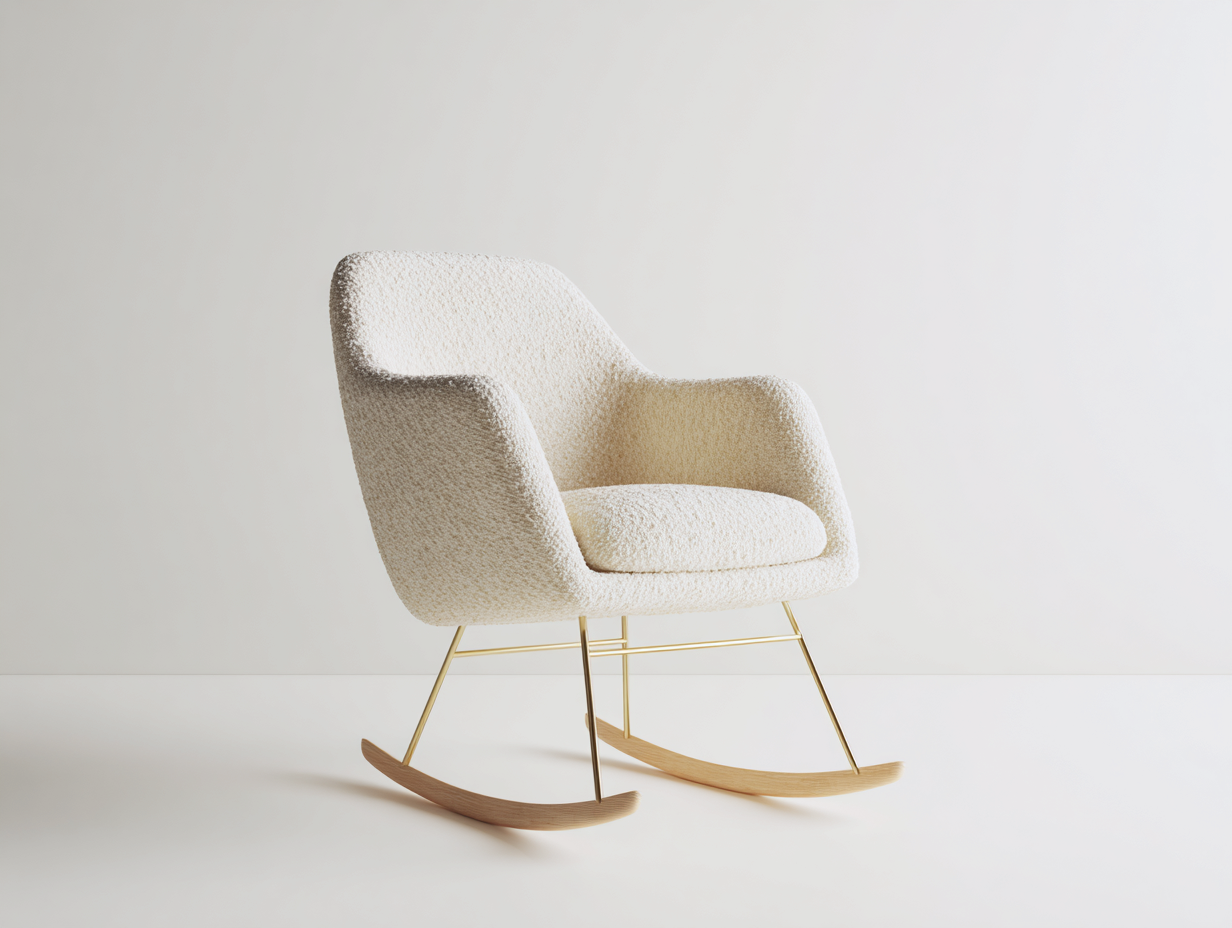 Sedia a dondolo - tessuto bouclé-metallo-legno - 84x73x96 cm - bianco crema-oro-marrone - minimalista-Rivoramahaus