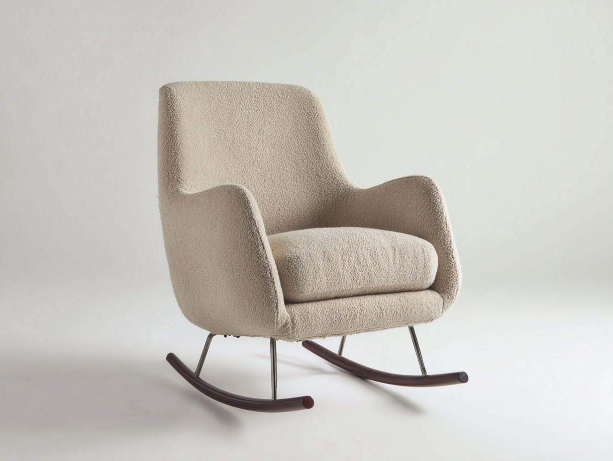 Sedia a dondolo - tessuto bouclé-metallo-legno - 88x77x99 cm - bianco crema-argento-marrone scuro - contemporaneo-Rivoramahaus