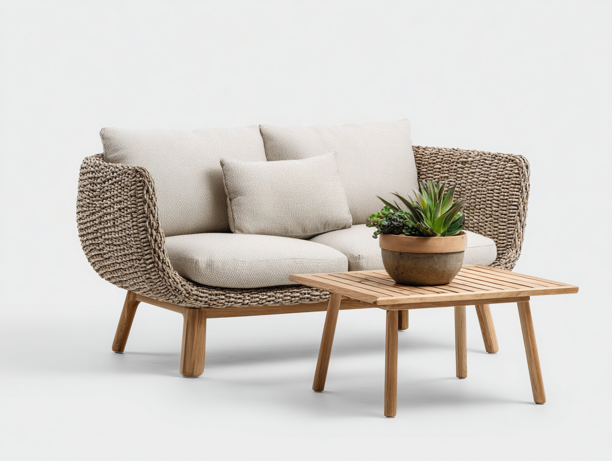 Divani da esterno - Corda intrecciata-Legno-Tessuto - 168x92x82 cm - Beige-Naturale-Avorio - Stile organico contemporaneo-Rivoramahaus