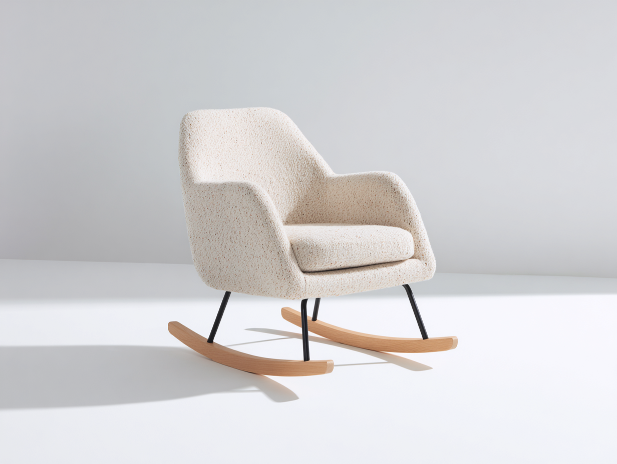 Sedia a dondolo - tessuto bouclé-metallo-legno - 86x76x93 cm - bianco crema-nero-marrone - moderno-Rivoramahaus