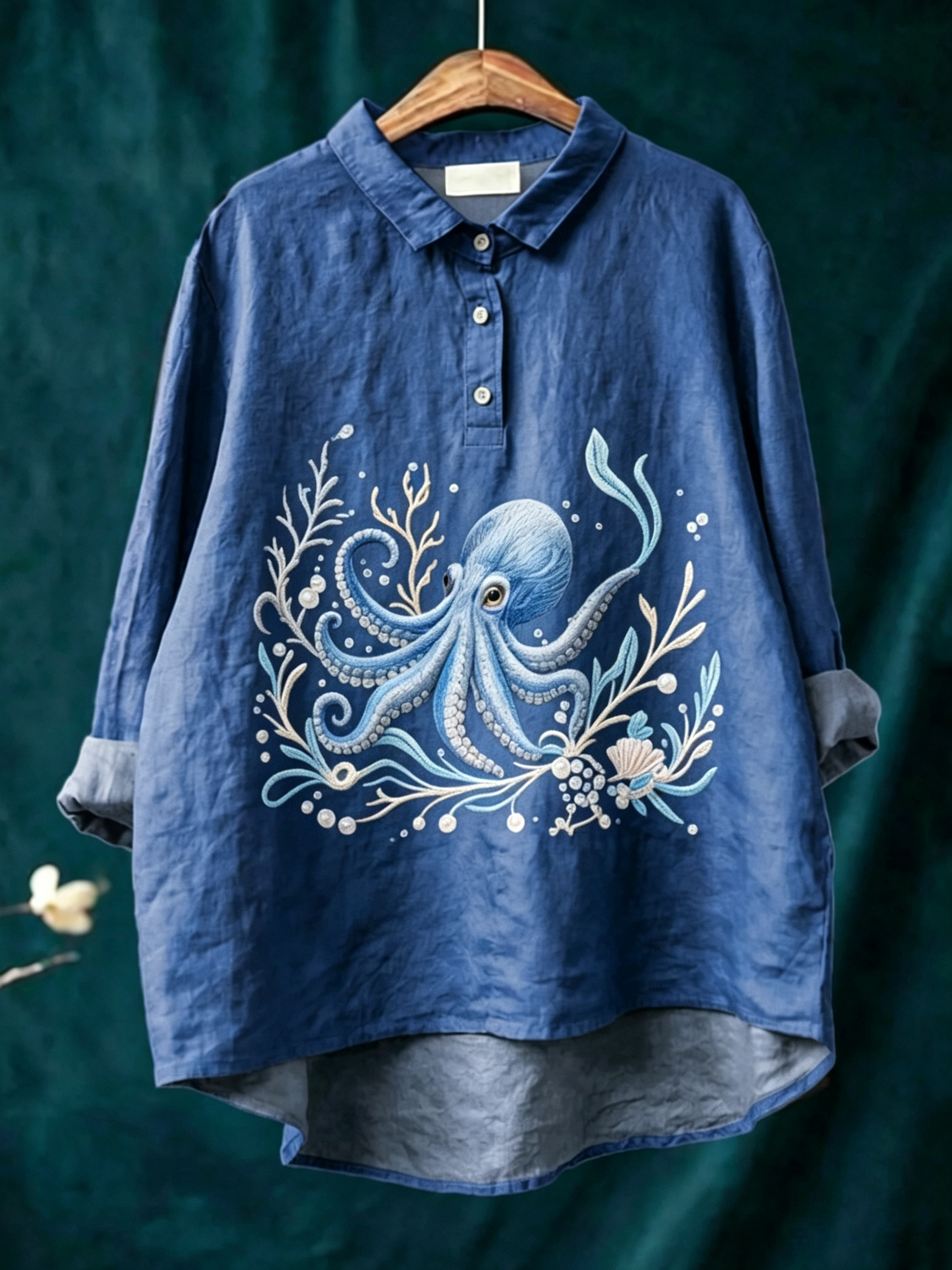 Women's Linen-Blend Shirt with Marine Print – Casual Button-Down Top Featuring Vintage Sea Life Patterns
