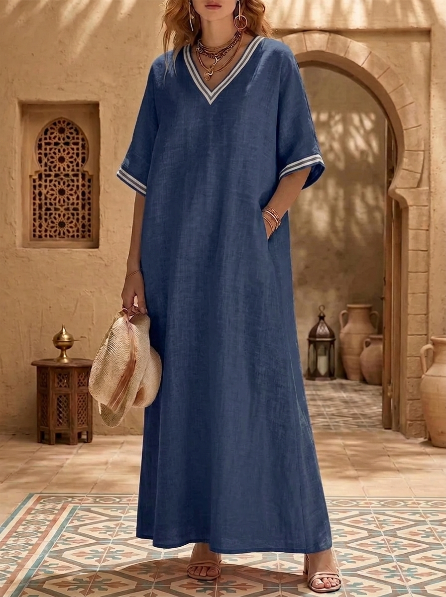 New Arrivals 🔥 Cozy vintage-style dress for women – striped, loose fit, V-neck, cotton-linen blend