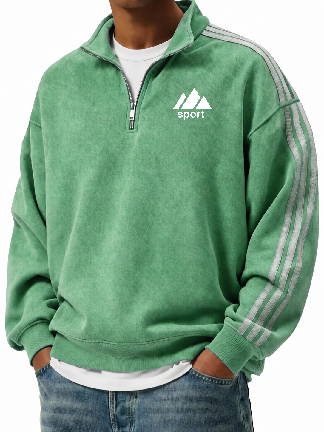 Men's Retro Fashion Distressed Striped Patchwork Stand Collar Long-Sleeve Sweatshirt