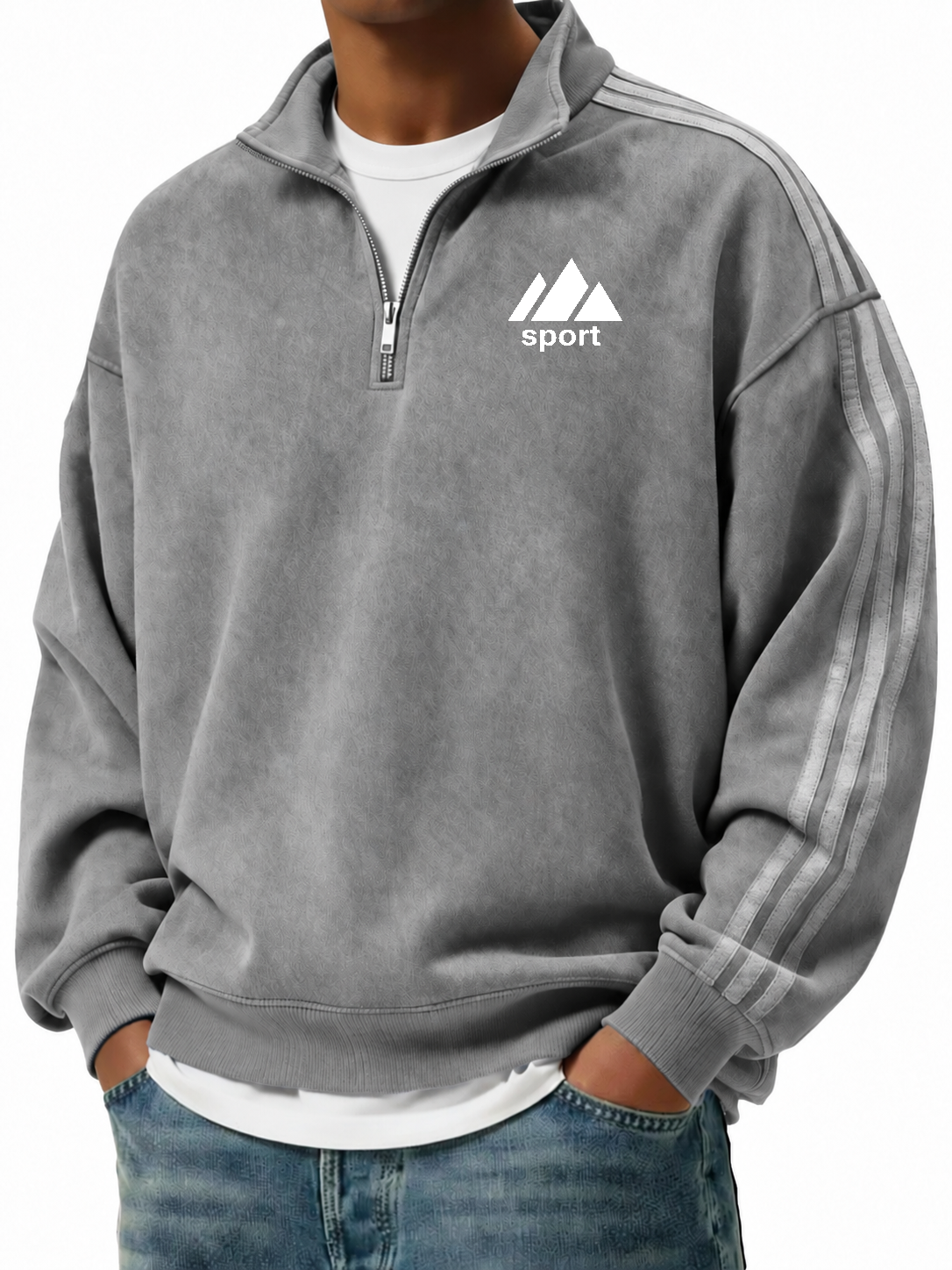 Men's Retro Fashion Distressed Striped Patchwork Stand Collar Long-Sleeve Sweatshirt