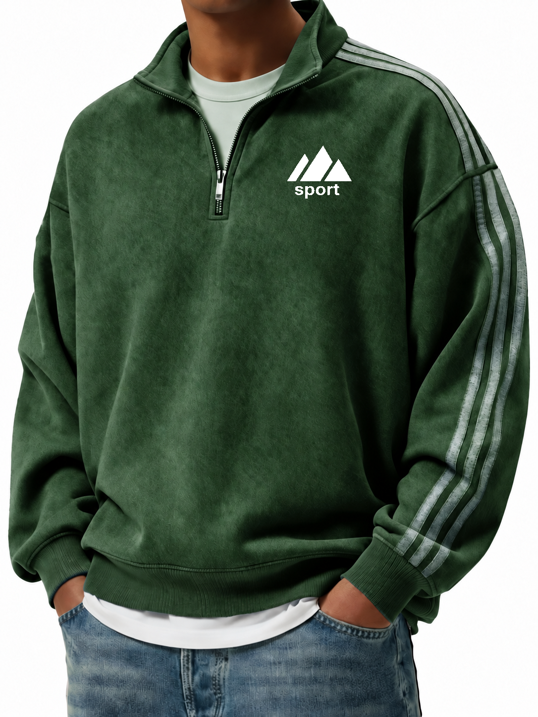 Men's Retro Fashion Distressed Striped Patchwork Stand Collar Long-Sleeve Sweatshirt