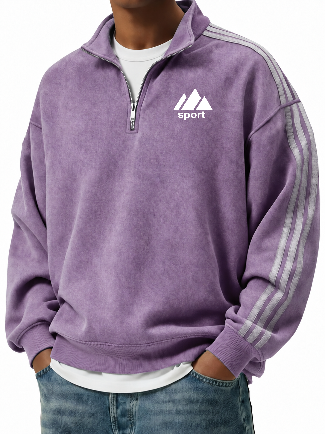 Men's Retro Fashion Distressed Striped Patchwork Stand Collar Long-Sleeve Sweatshirt