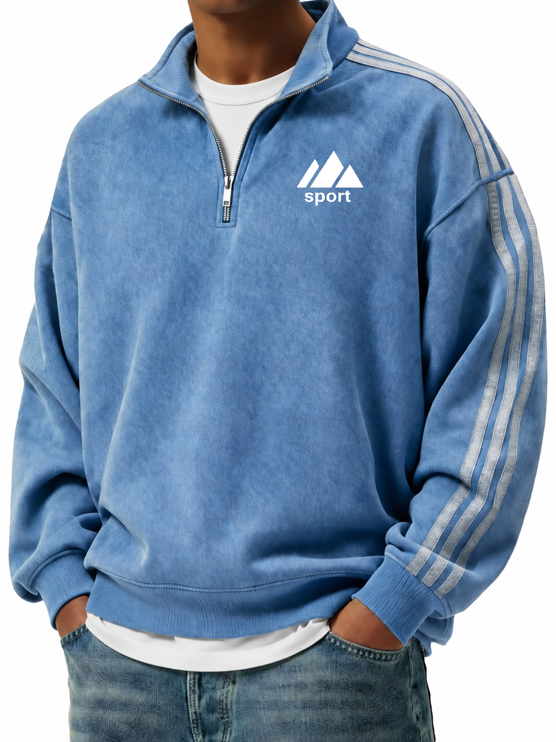 Men's Retro Fashion Distressed Striped Patchwork Stand Collar Long-Sleeve Sweatshirt