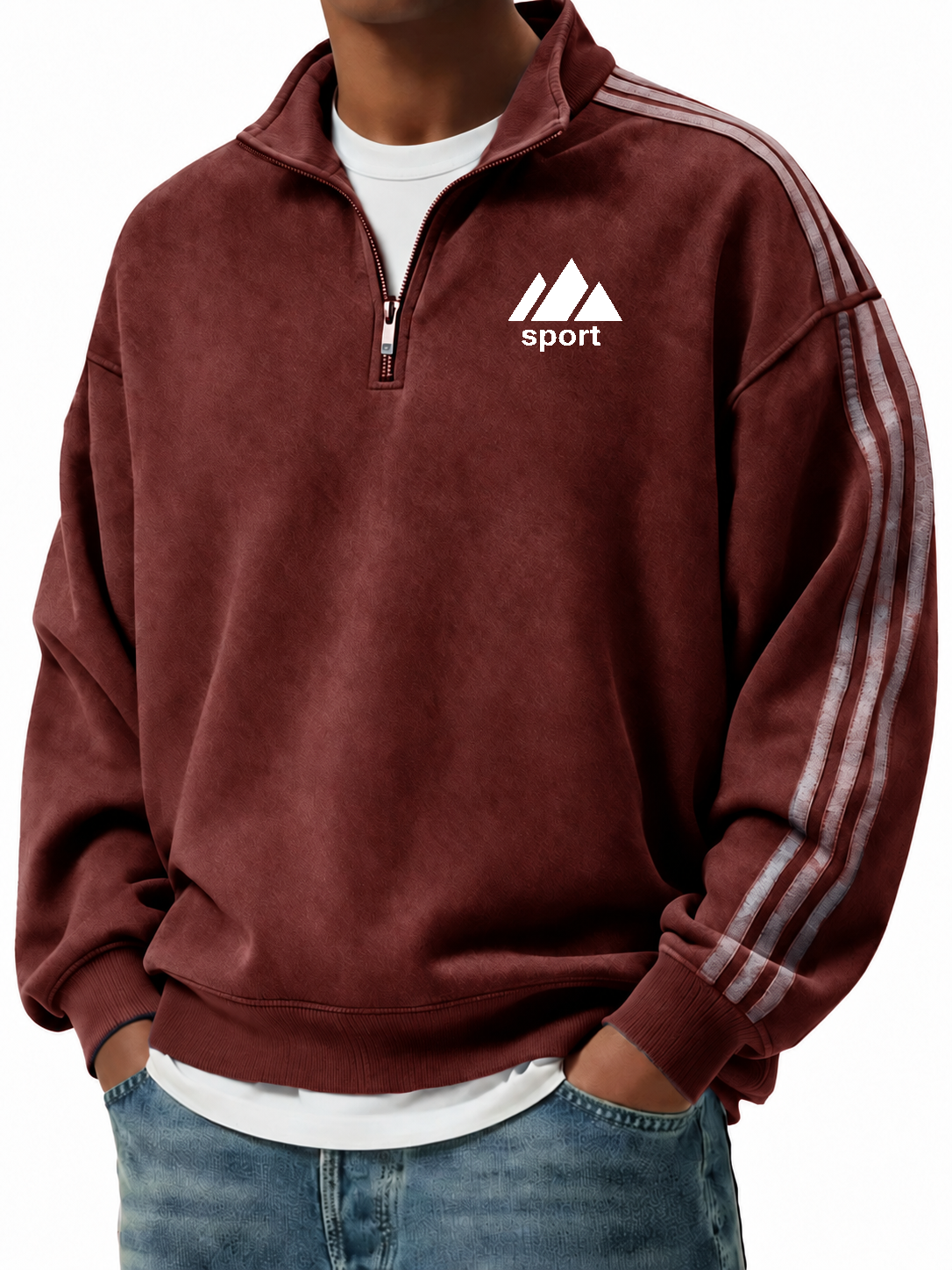 Men's Retro Fashion Distressed Striped Patchwork Stand Collar Long-Sleeve Sweatshirt
