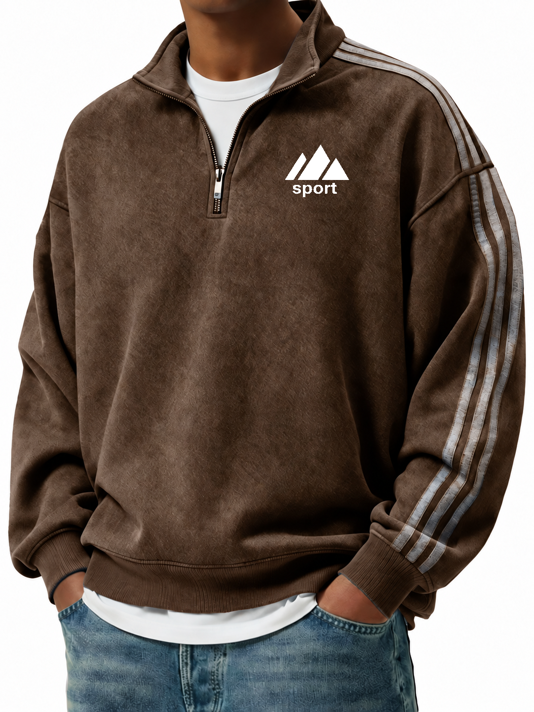 Men's Retro Fashion Distressed Striped Patchwork Stand Collar Long-Sleeve Sweatshirt