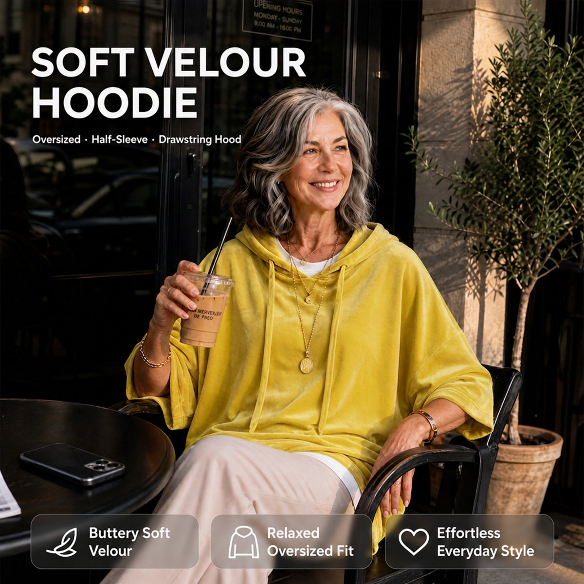 0911-Women's Velour Oversized Hoodie 3/4 Sleeve