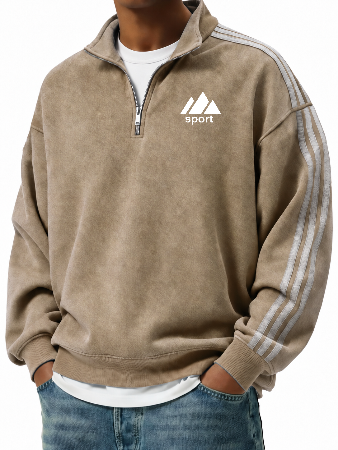 Men's Retro Fashion Distressed Striped Patchwork Stand Collar Long-Sleeve Sweatshirt