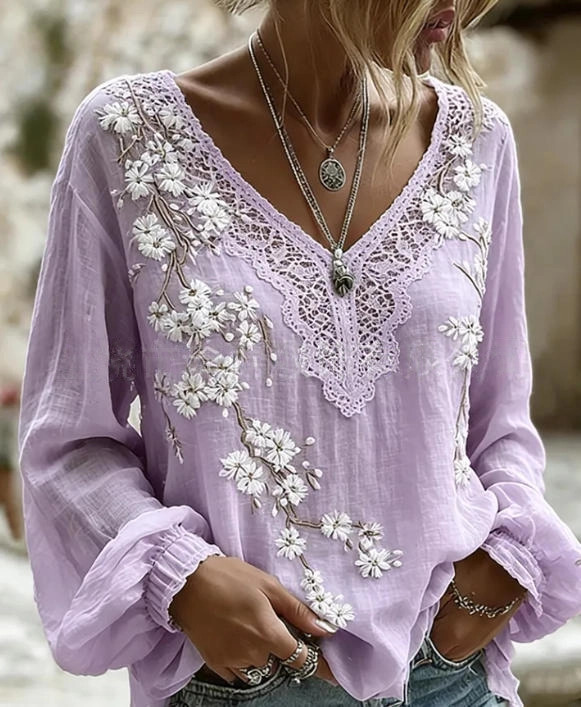 Women's Vintage Boho Floral Print Loose Lantern Sleeve Blouse
