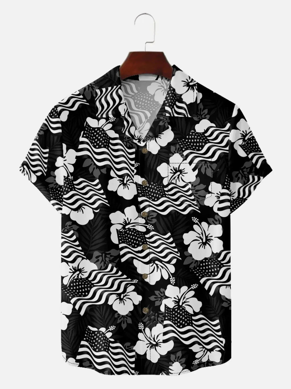 Men's Patriotic American Flag Hibiscus Hawaiian Short Sleeve Shirt