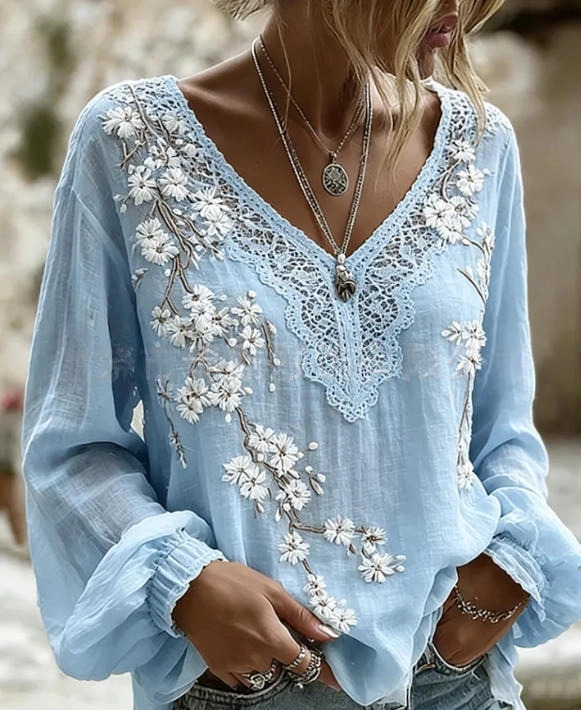 Women's Vintage Boho Floral Print Loose Lantern Sleeve Blouse