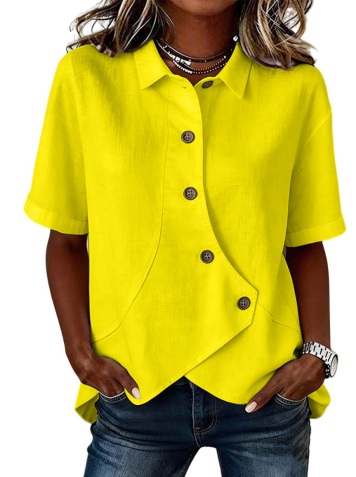 Women's asymmetric linen-blend blouse with button placket
