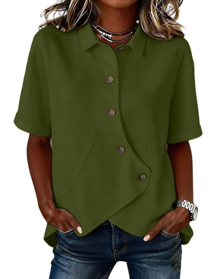 Women's asymmetric linen-blend blouse with button placket