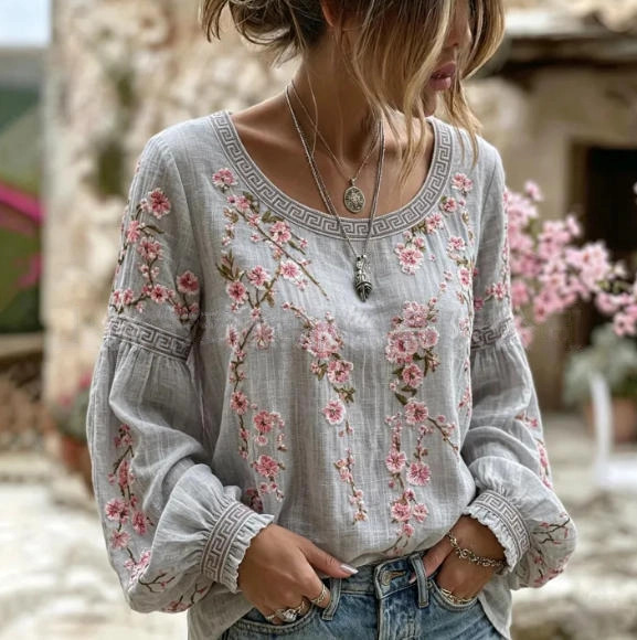 Women's Vintage Boho Floral Print Loose Lantern Sleeve Blouse