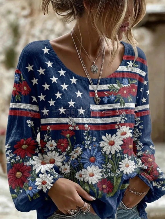 Women's Vintage Boho Floral Print Loose Lantern Sleeve Blouse