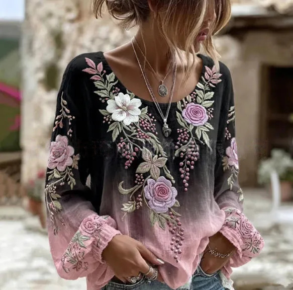 Women's Vintage Boho Floral Print Loose Lantern Sleeve Blouse