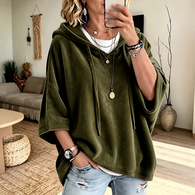 0911-Women's Velour Oversized Hoodie 3/4 Sleeve
