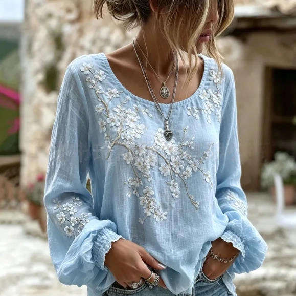 Women's Vintage Boho Floral Print Loose Lantern Sleeve Blouse