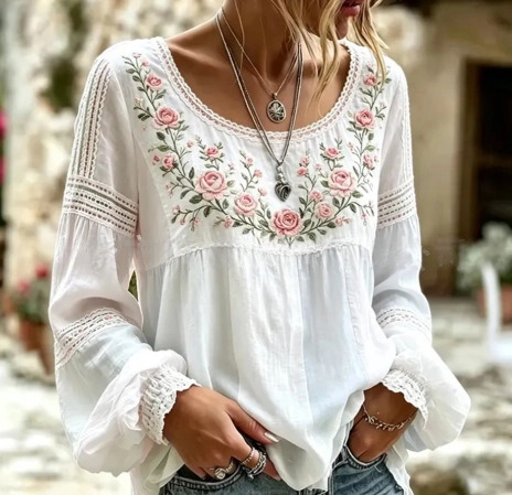 Women's Vintage Boho Floral Print Loose Lantern Sleeve Blouse