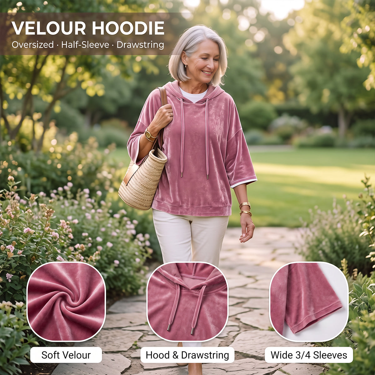 0911-Women's Velour Oversized Hoodie 3/4 Sleeve