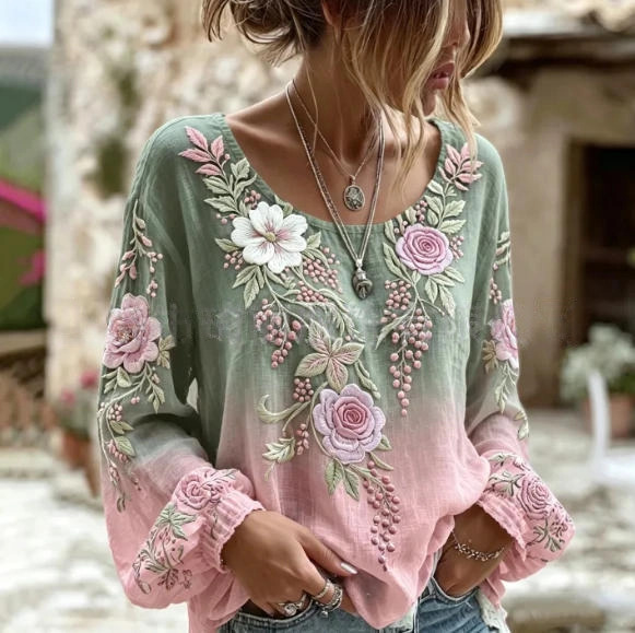 Women's Vintage Boho Floral Print Loose Lantern Sleeve Blouse