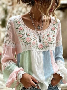 Women's Vintage Boho Floral Print Loose Lantern Sleeve Blouse