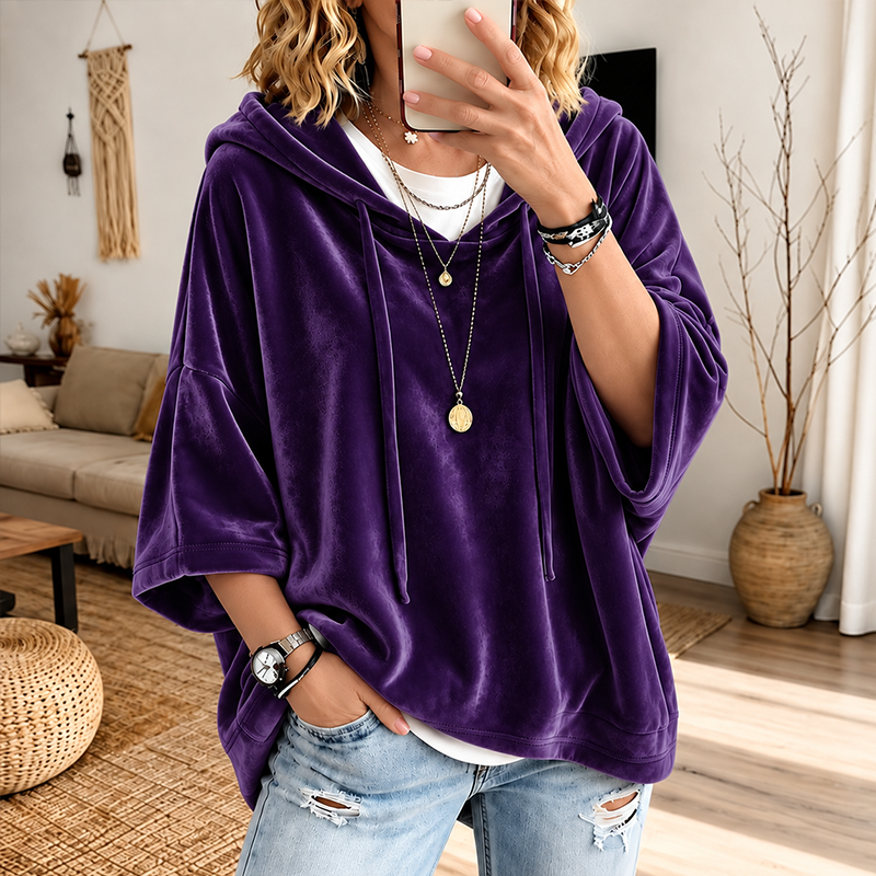 0911-Women's Velour Oversized Hoodie 3/4 Sleeve
