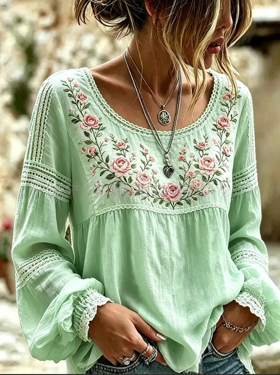 Women's Vintage Boho Floral Print Loose Lantern Sleeve Blouse