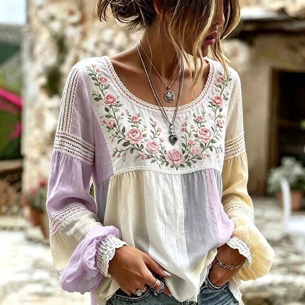Women's Vintage Boho Floral Print Loose Lantern Sleeve Blouse