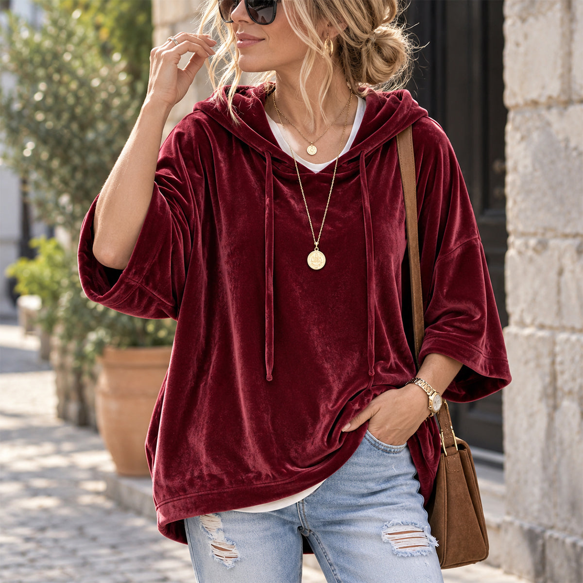 0911-Women's Velour Oversized Hoodie 3/4 Sleeve