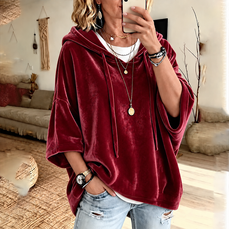 0911-Women's Velour Oversized Hoodie 3/4 Sleeve