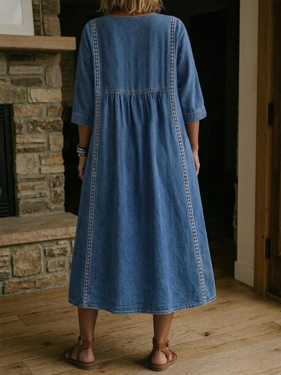 Casual Loose-fitting Denim Dress With Lace Trim