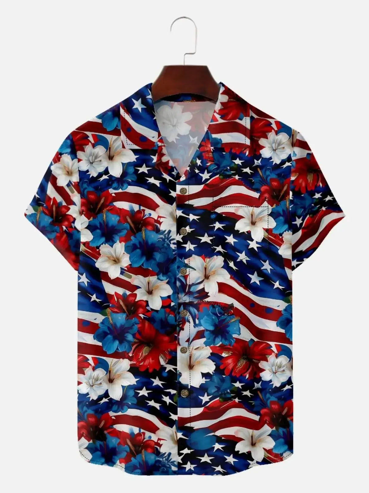 Men's Patriotic Hibiscus Flag Hawaiian Short Sleeve Shirt
