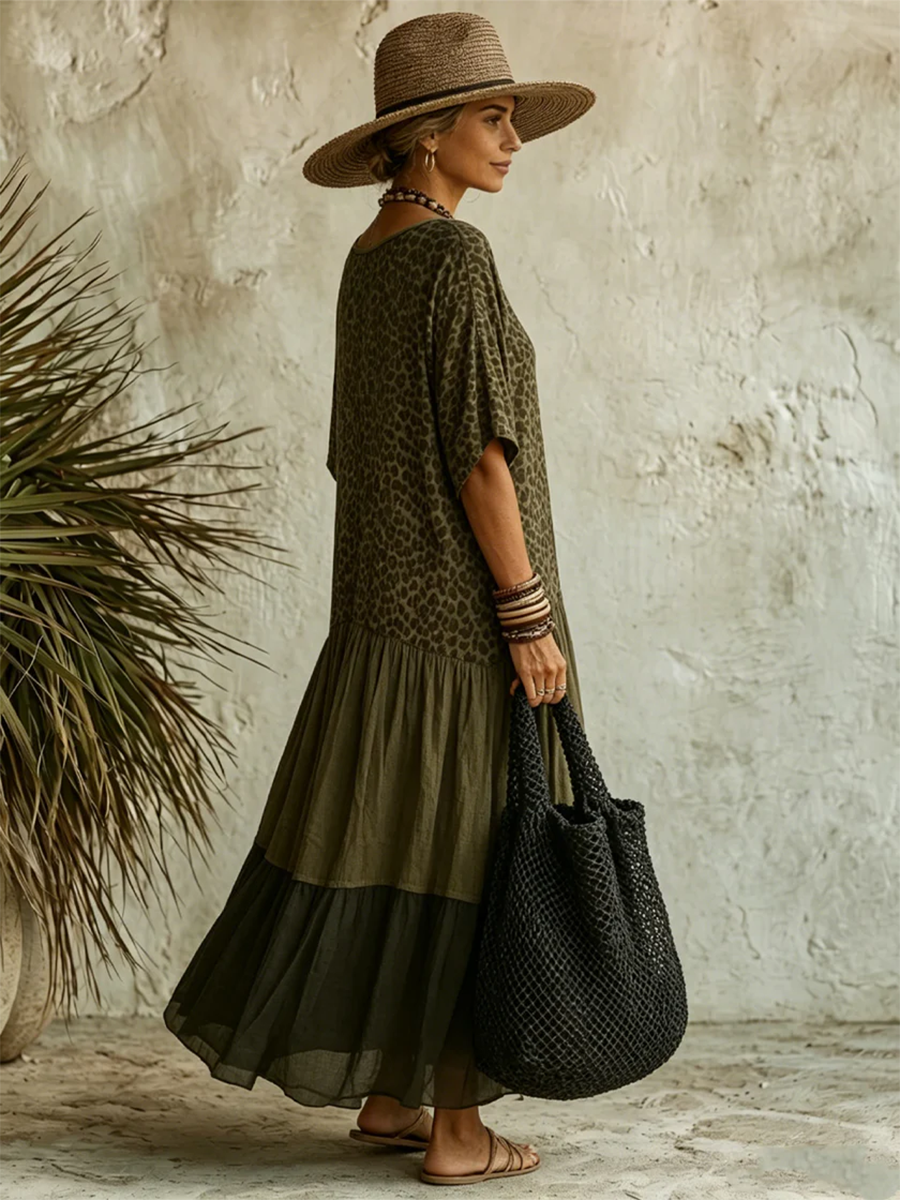 Casual Leopard-print Spliced ​​chiffon & Cotton Dress