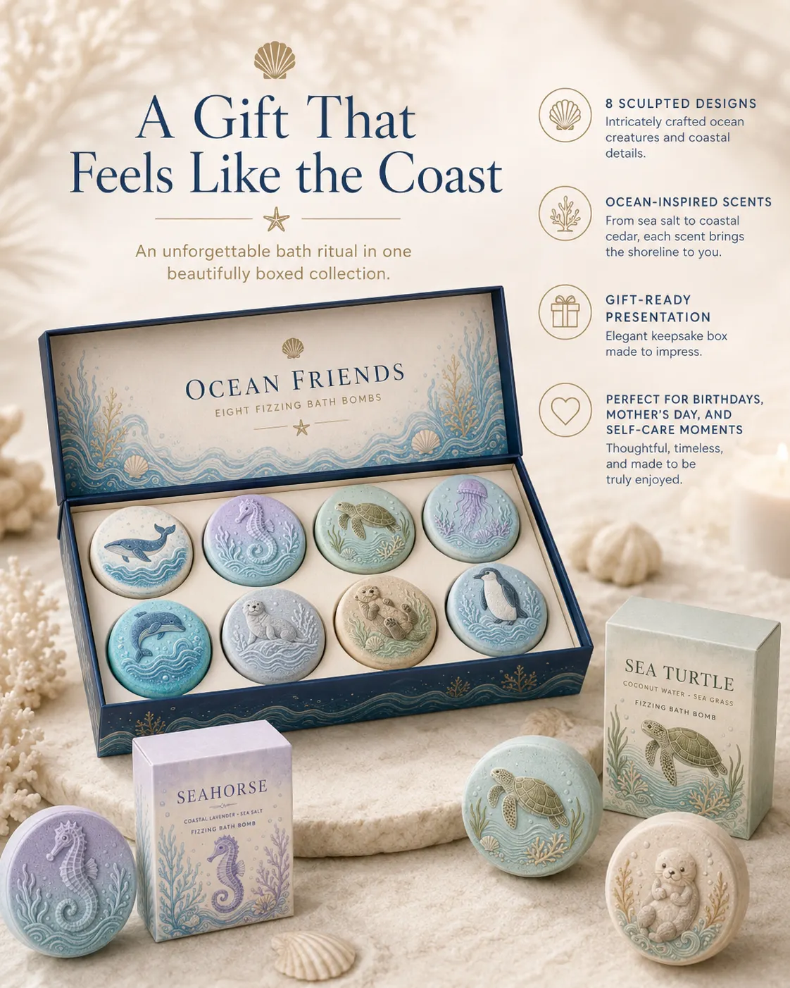 Ocean Friends Bath Bombs Gift Set, Cute Sea Animal Fizzy Bath Bombs for Kids & Adults